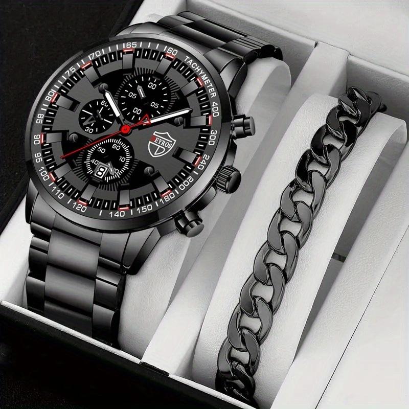 

2 шт./набор, 1 шт. Модные мужские роскошные деловые кварцевые часы и 1 шт. Мужской браслет с , Подарки для мужчин