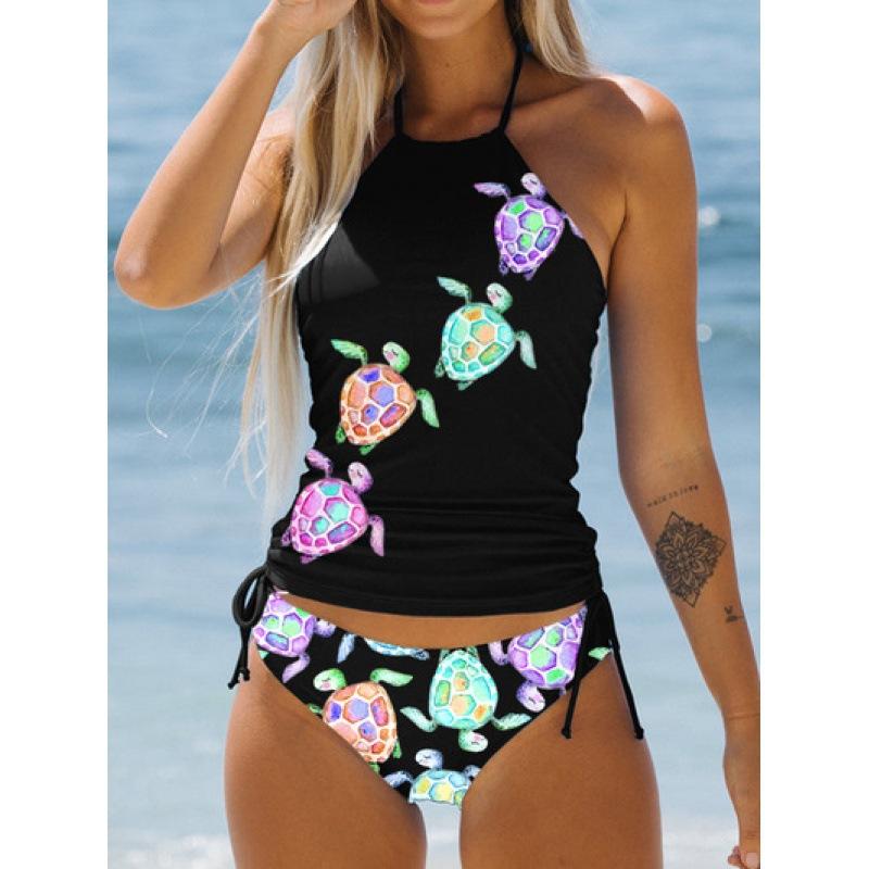 Maillot de bain deux pièces pour femme - Tankini à col haut et dos nageur avec imprimé palmier et bas à nouer sur le côté