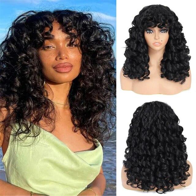 Long Deep Curly Synthetic Hair Replacement Wig with Bangs Big Curly Wigs for Black Women 20 Inch Kinky Curly Wig For Daily Use