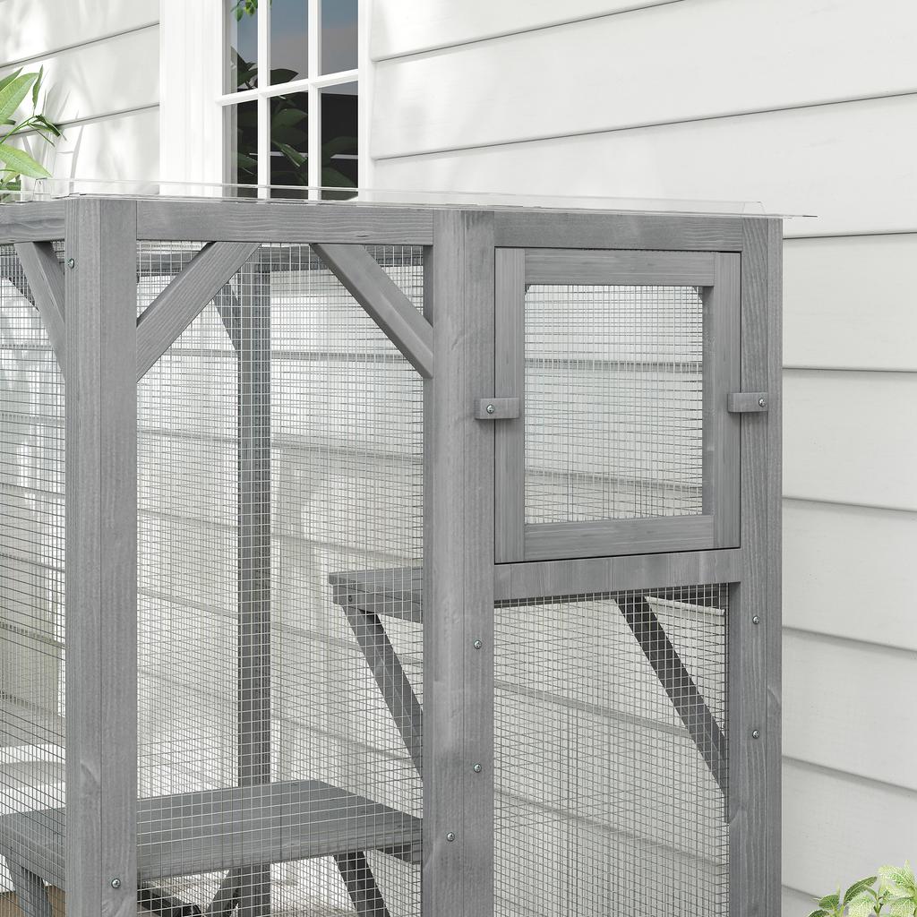 71" Outdoor Wooden Cat House with Three Platforms, Large Door, Water-Resistant Roof, for Multiple Cats, Grey