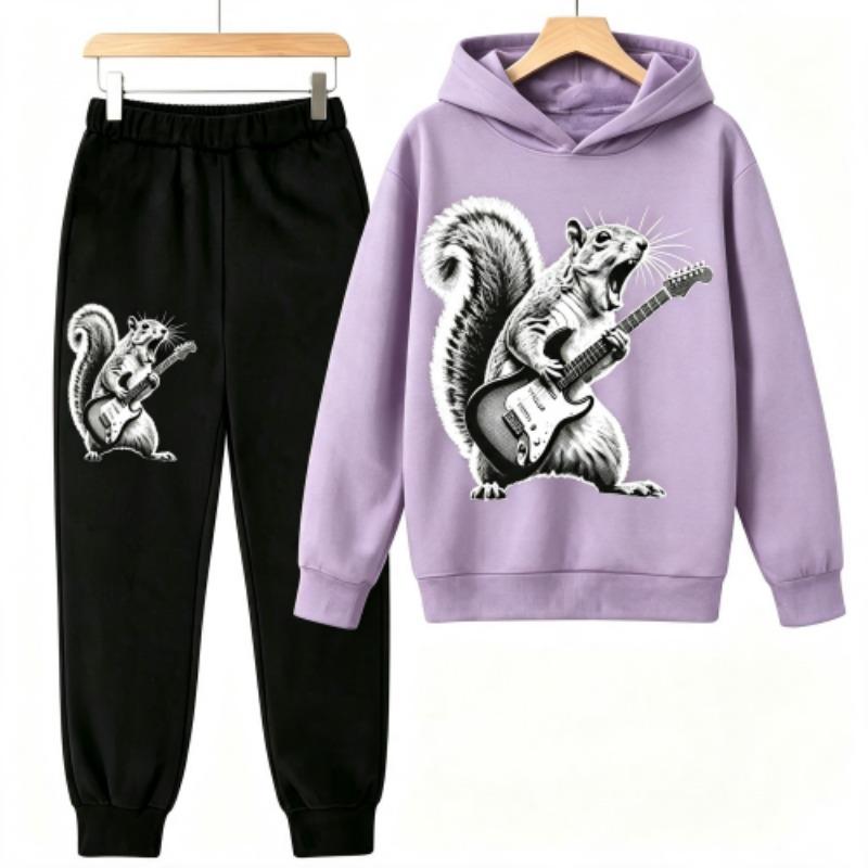Fashion Rock Squirrel Guitar Player Animal Squirrel Print Kids Pullovers Pants 2-piece Set Street Casual Fashion Hoodies Vintage Boy's Girl Clothes
