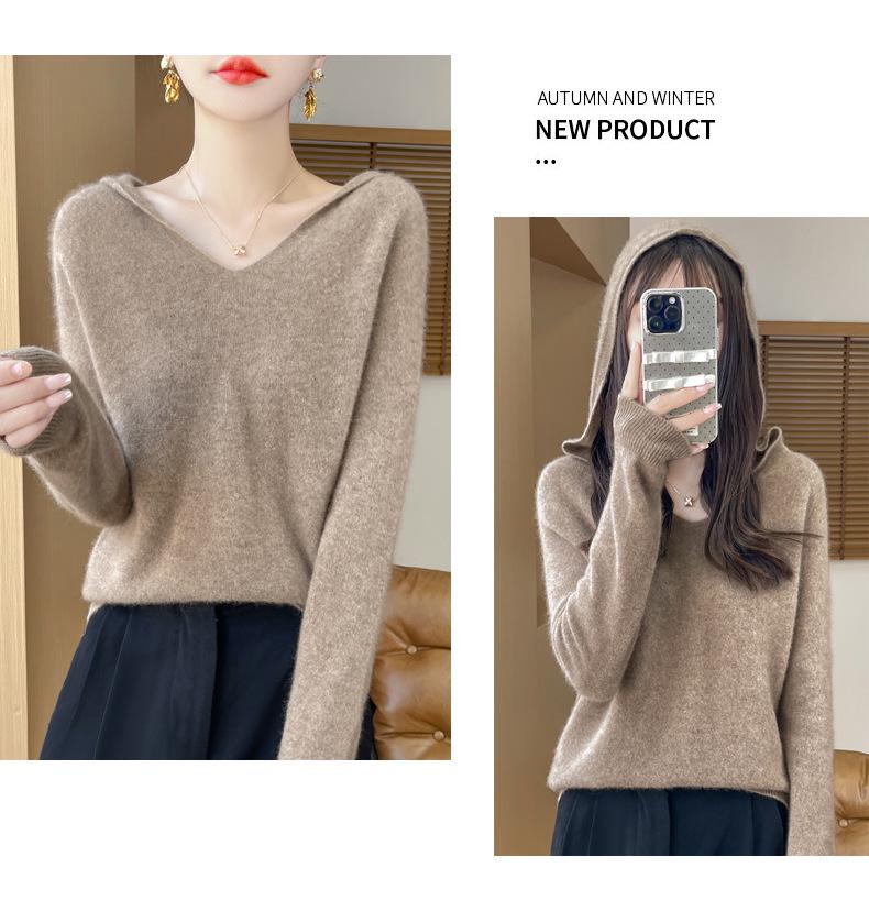Women's 100% Wool Hooded Sweater: Autumn/Winter Knit, Loose, Soft, Trendy.