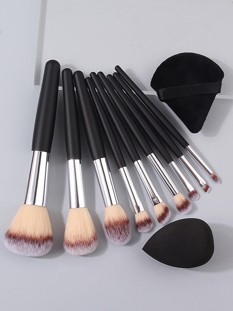 9PCS Black wooden-handled makeup brush set, loose powder, blush, eyeshadow brush, sponge makeup egg + triangular powder puff