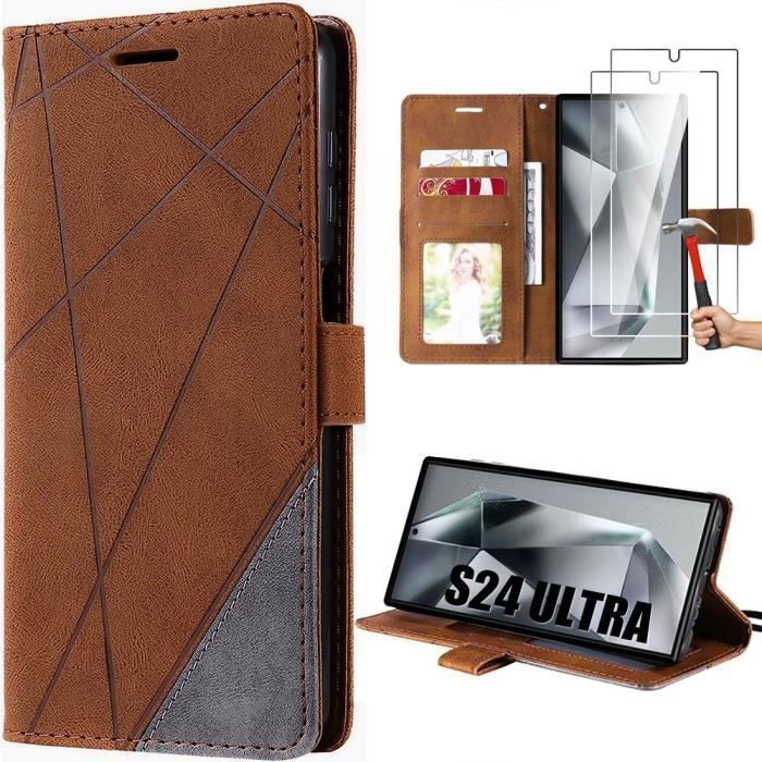Case for Samsung Galaxy S24 Ultra - Elegant Leather Effect - Brown - Horizontal Stand - with 2 Tempered Glasses