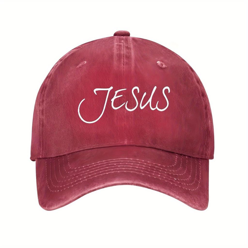 Jesus Cursive Lettering Baseball Cap Polyester Distressed Casual Unisex Hat for Church Events