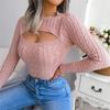 New Autumn and Winter Women's Fashion Hollow Out Fried Dough Twists Long Sleeve Sweater Round Neck Solid Fit Women's Wear