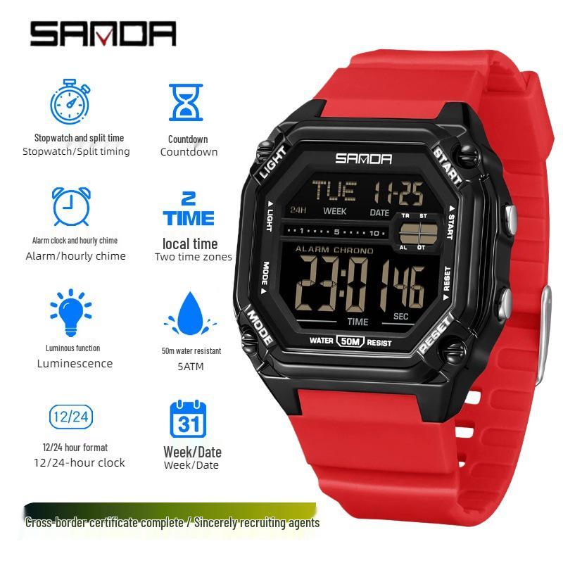 Sanda Men's Multifunctional Waterproof Electronic Watch with Luminous Display and Sports Stopwatch