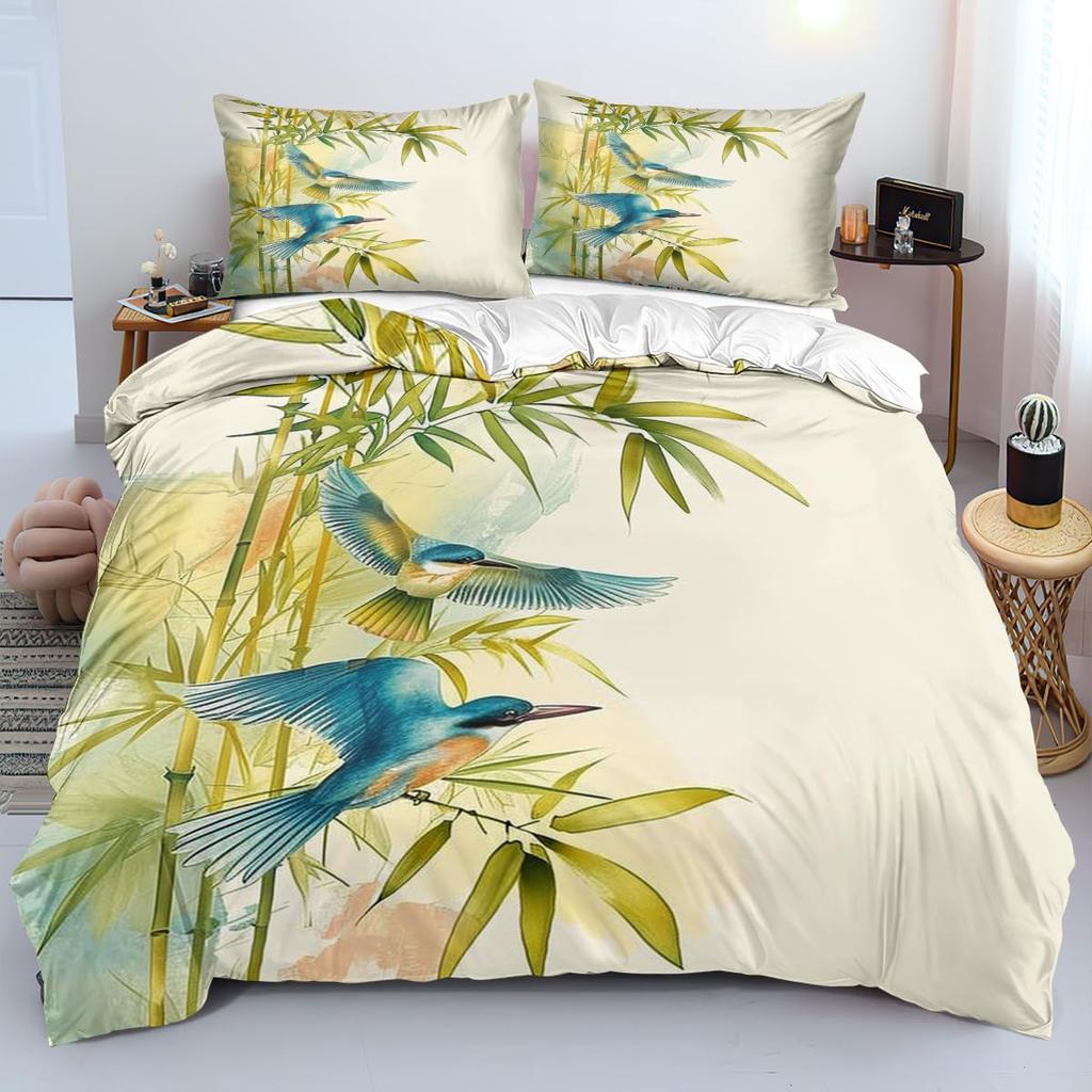 Bamboo Leaf Duvet Cover Sets for Kids Teens Quilt Covers Lightweight Down Bedroom Decor 2 Pillowcases 1 Duvet Cover No Comforter