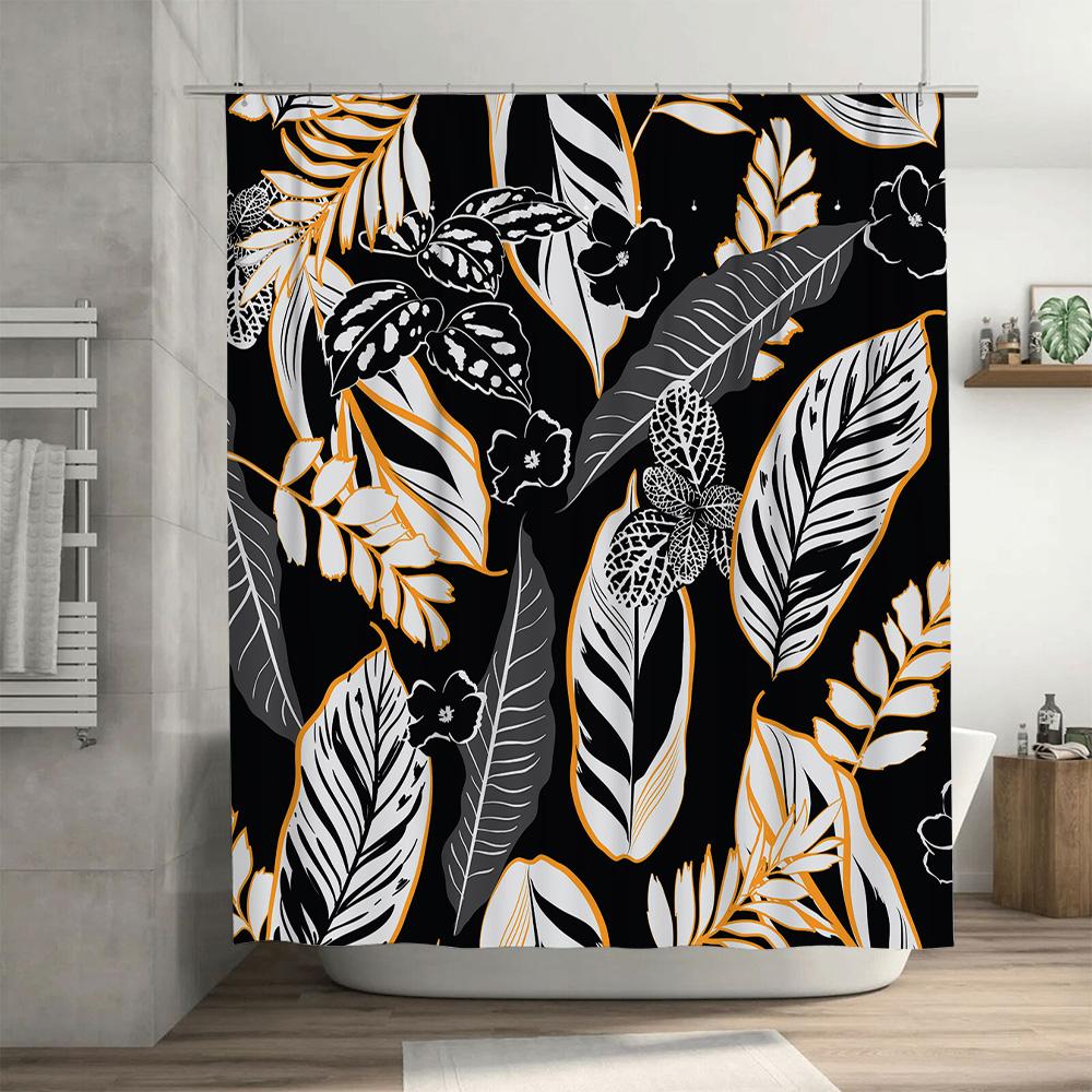 Black White Orange Floral Print Shower Curtain for Bathroom Decor Polyester Fabric Custom Size Available