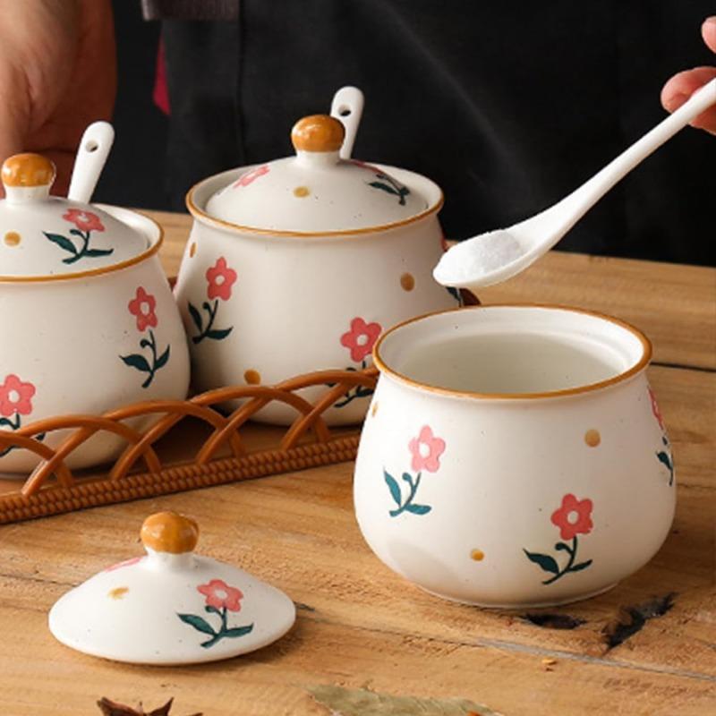 Sugar Bowl with Lid and Spoon, Floral Ceramic Condiment Jars Pots Spice Container Seasoning Canisters Box for Kitchen Coffee Bar, Yellow Flower