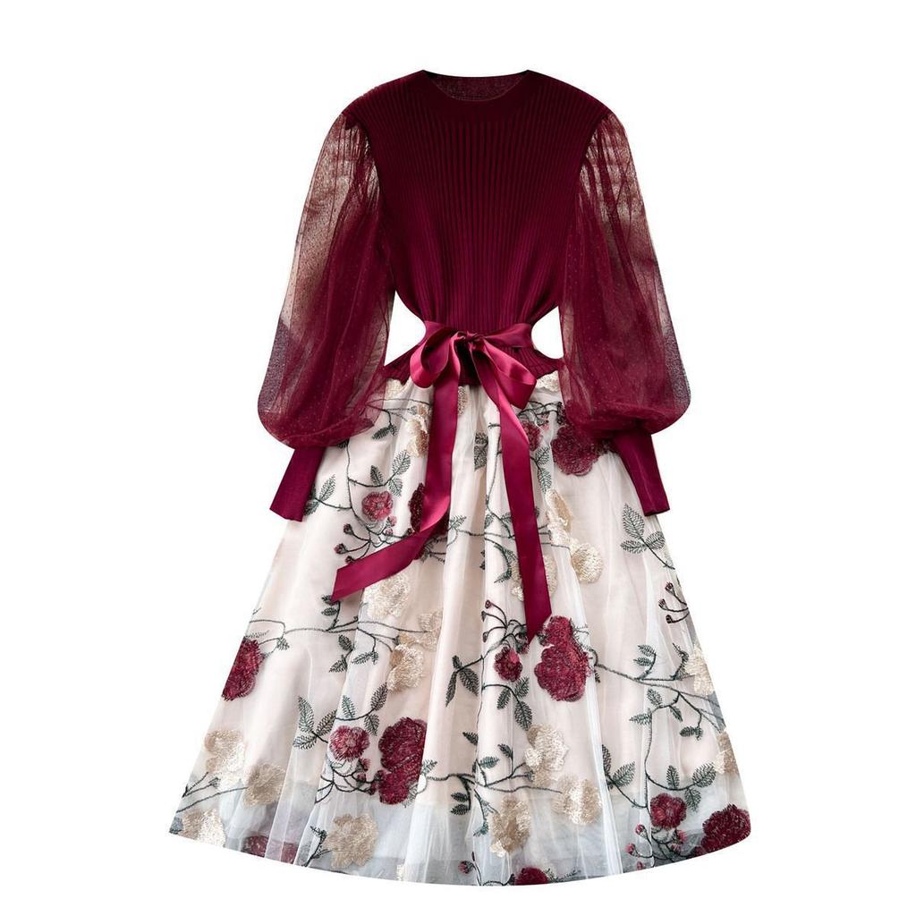 Women's French Light Luxury Celebrity Style Knitted Splicing Embroidery Mesh Dress Tie Temperament Fairy Dresses
