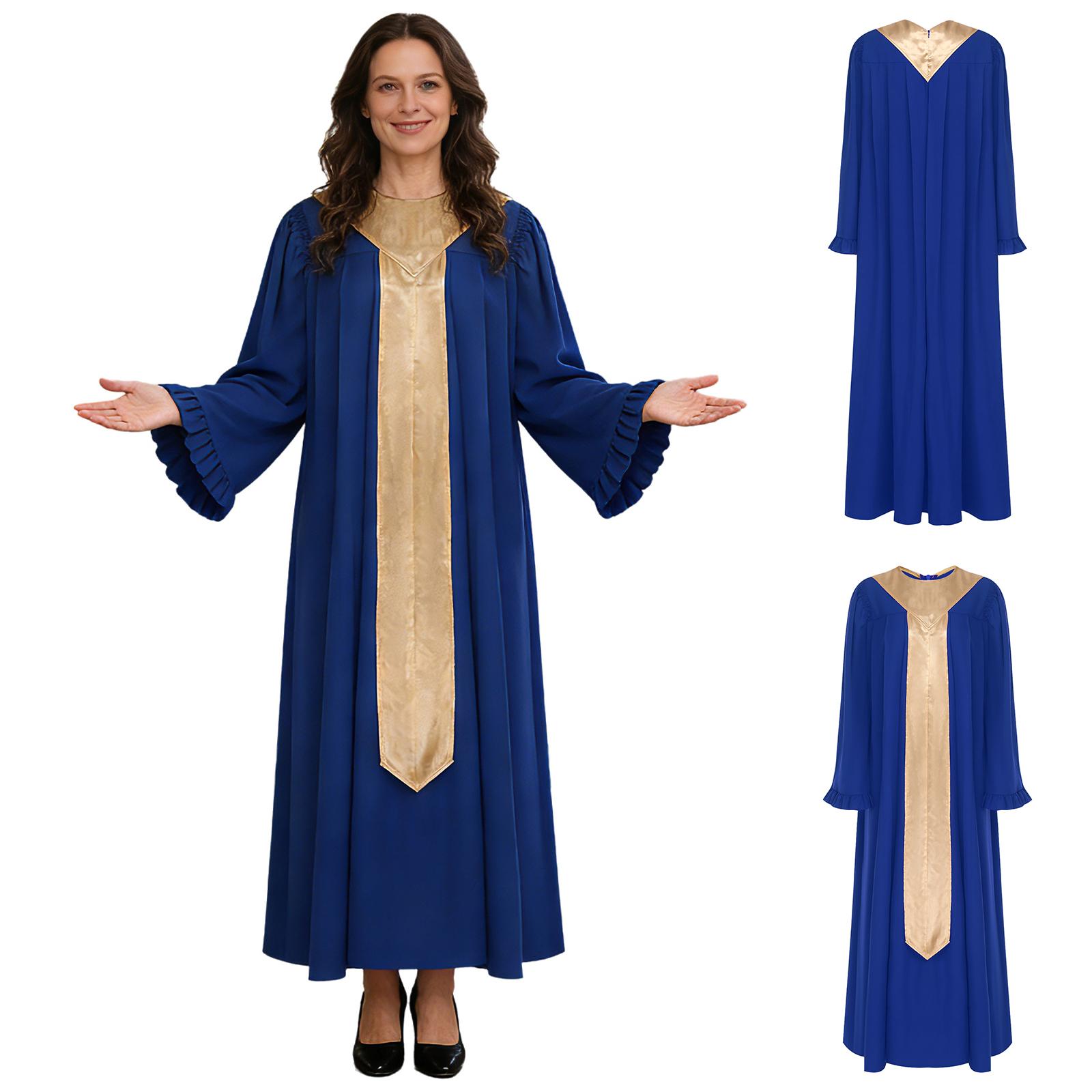 

S-XXL Women‘s Choir Performance Robe Flared Long Sleeve Ruffled Trim Color Block Waist Sash Cassock for Church Activities S королівський синій колір
