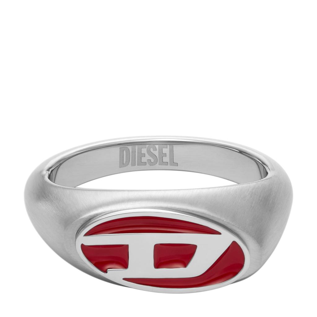Diesel Men's Red Lacquer and Silver Stainless Steel Logo Signet Ring (Model: DX1444040), Size 10, Stainless Steel, No Jewels