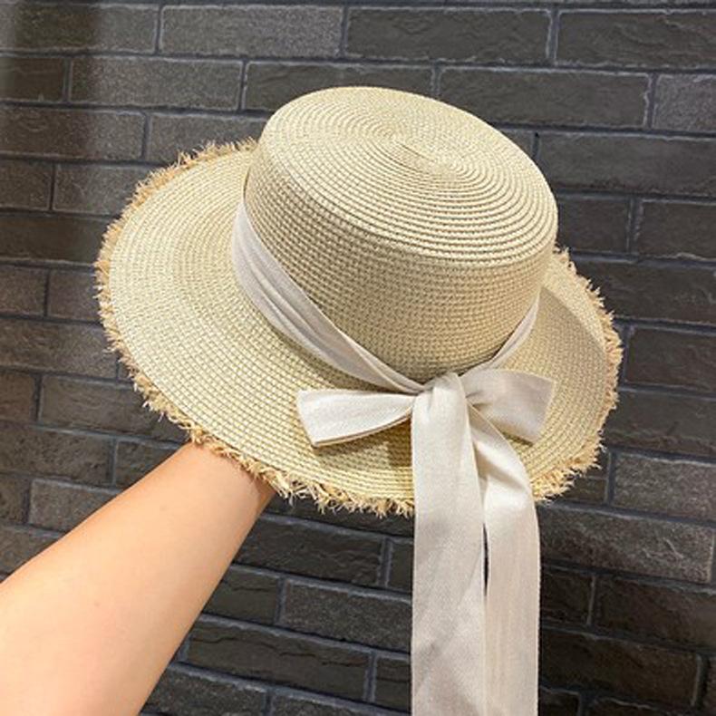 Summer Straw Hat, Lafite Grass Edge, Patchwork Hat, Women's Sun Hat, Artistic Bow, Flat Top Hat