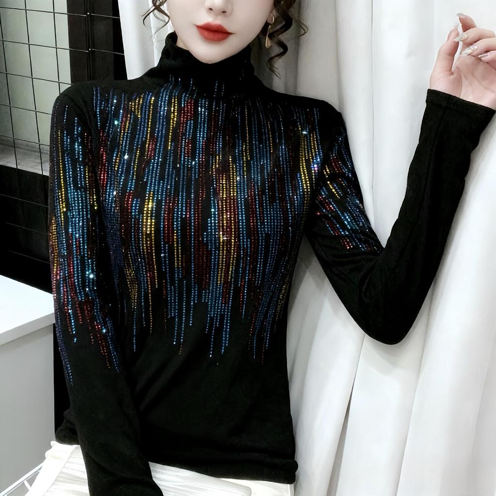 De Rong Women's Rhinestone Long-Sleeve T-Shirt: High-Collar, Autumn/Winter Base Layer with High-End Style