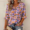 Women's Halloween Print Round Neck Tie Front Ruffle Blouse Three-Quarter Sleeves