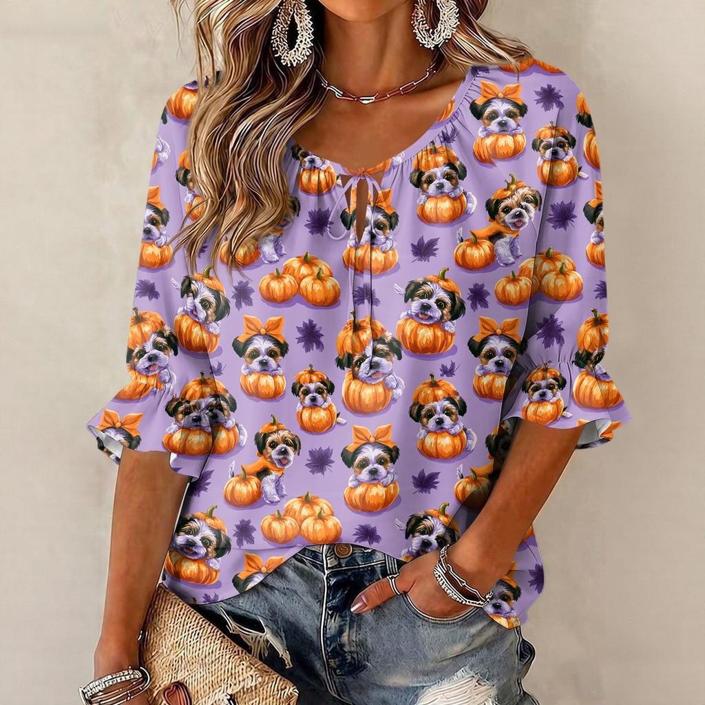 Women's Halloween Print Round Neck Tie Front Ruffle Blouse Three-Quarter Sleeves