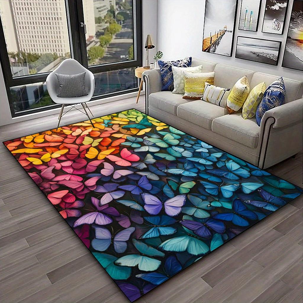 Large Crystal Velvet Rainbow Butterfly Mat Non Slip Machine Washable Vibrant Multicolor Living Room Bedroom Office Patio Decor