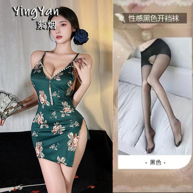 Lingyan erotic underwear sexy high waist split fork tight cheongsam of the Republic of China pure desire printing bead string cheongsam style clothing