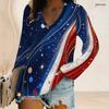 Women Plus Size V Neck Long Sleeve Printed Top Red White Blue Star Striped Curved Hem