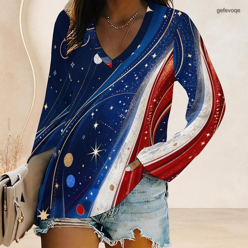 Women Plus Size V Neck Long Sleeve Printed Top Red White Blue Star Striped Curved Hem