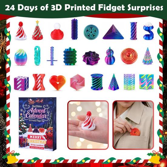 Tragbare Stressreduzierer für Erwachsene 2026 Weihnachts-Adventskalender, 24-Tage-Countdown-Box mit Mini 3D-gedruckten lustigen Feiertags-Vorfreude-Geschenken