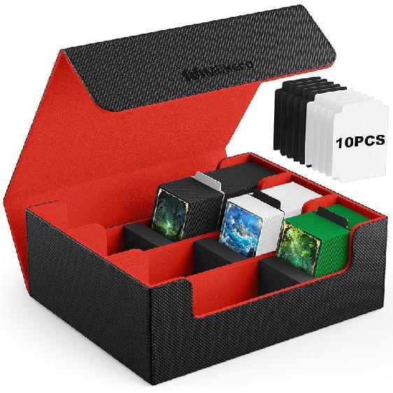 Mlikero Card Deck Case for Trading Cards 1800+, Trading Card Storage Box with 10 Dividers and 3 Foam Stoppers, Leather Magnetic Closure Commander
