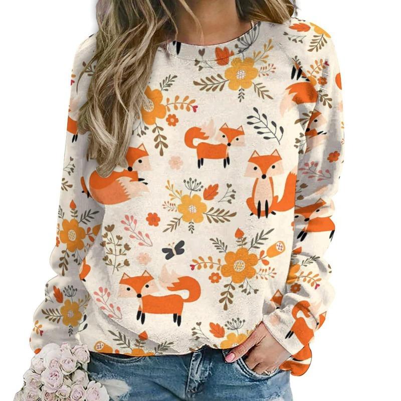 Autumn Lovely Fox Sweatshirts Animal 3D Print Women Casual Streetwear O-Neck Hoodies Y2k Pullovers Harajuku Tops Woman Clothing