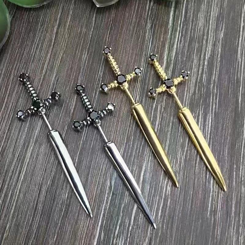 Kiss Jewelry Punk Sword Gothic Kinitial Piercing Earrings for Women Men Goth Crystal Ear Jacket Dagger Stud Earrings Jewelry