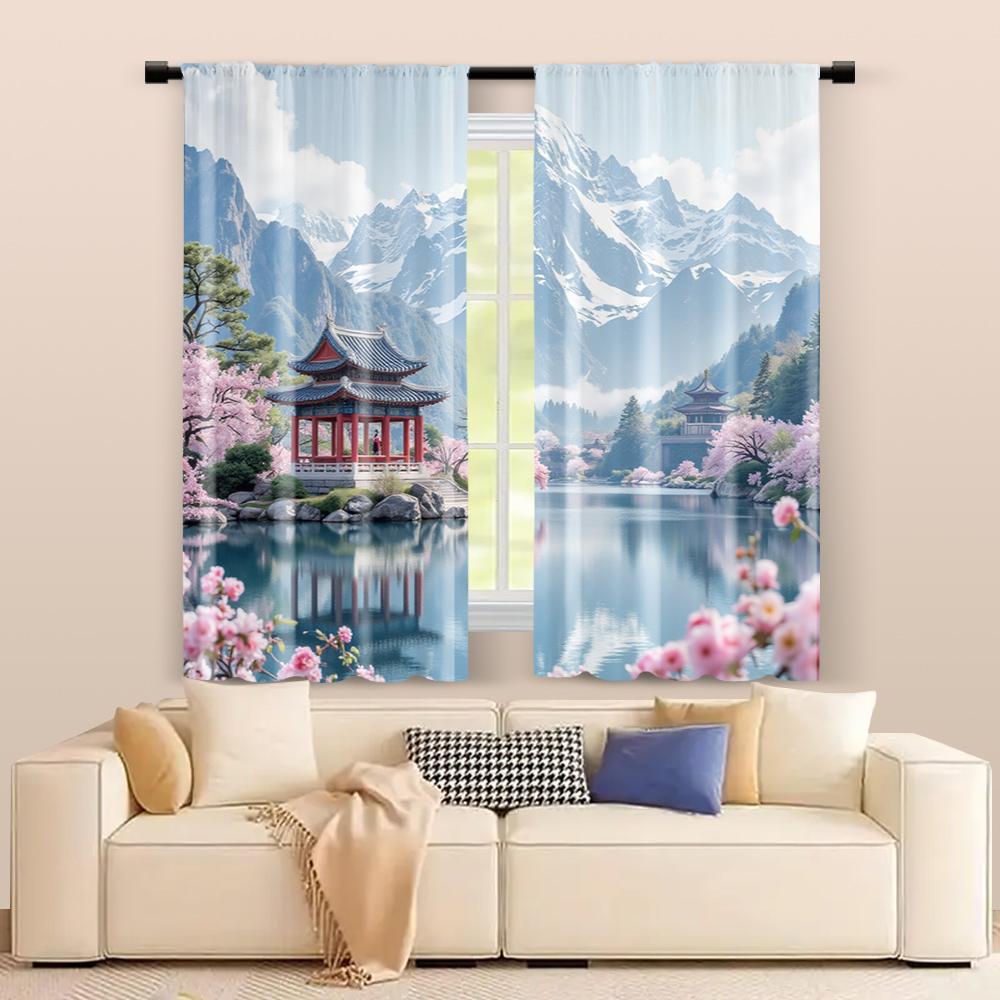 Set Of 2 Filtering Curtains Excluding Rods Non Movable Without Batteries Cherry Blossom Mountain Use Bedrooms Curtain Polyester Ideal For Master