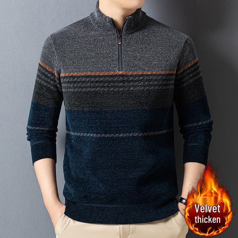 

Men s Fleece-Lined Knit Half-Zip Sweater - Versatile Autumn/Winter Loose Fit, Color-Block Design M