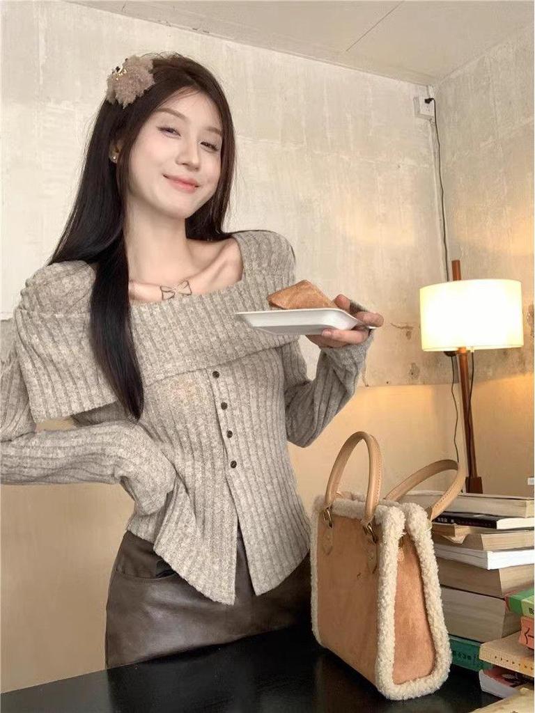 Samtiges Strickoberteil mit Carmenausschnitt - Damen Slim-Fit Quadratischer Ausschnitt für Frühling bis Winter