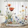 Watercolor Floral Shower Curtain Vibrant Wildflower Butterfly Print Waterproof Bathroom Curtain Decor Polyester With 12 Hooks