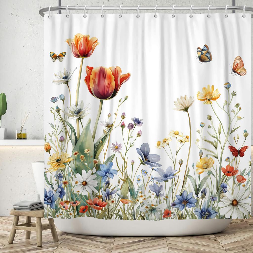 Watercolor Floral Shower Curtain Vibrant Wildflower Butterfly Print Waterproof Bathroom Curtain Decor Polyester With 12 Hooks