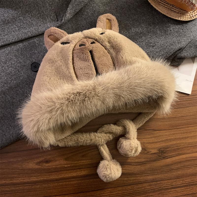 

Милая шапка-подушка-капибара с двигающимися ушами, плюшевая, утолщенная, теплая, с защитой шеи для осени и зимы для девочек