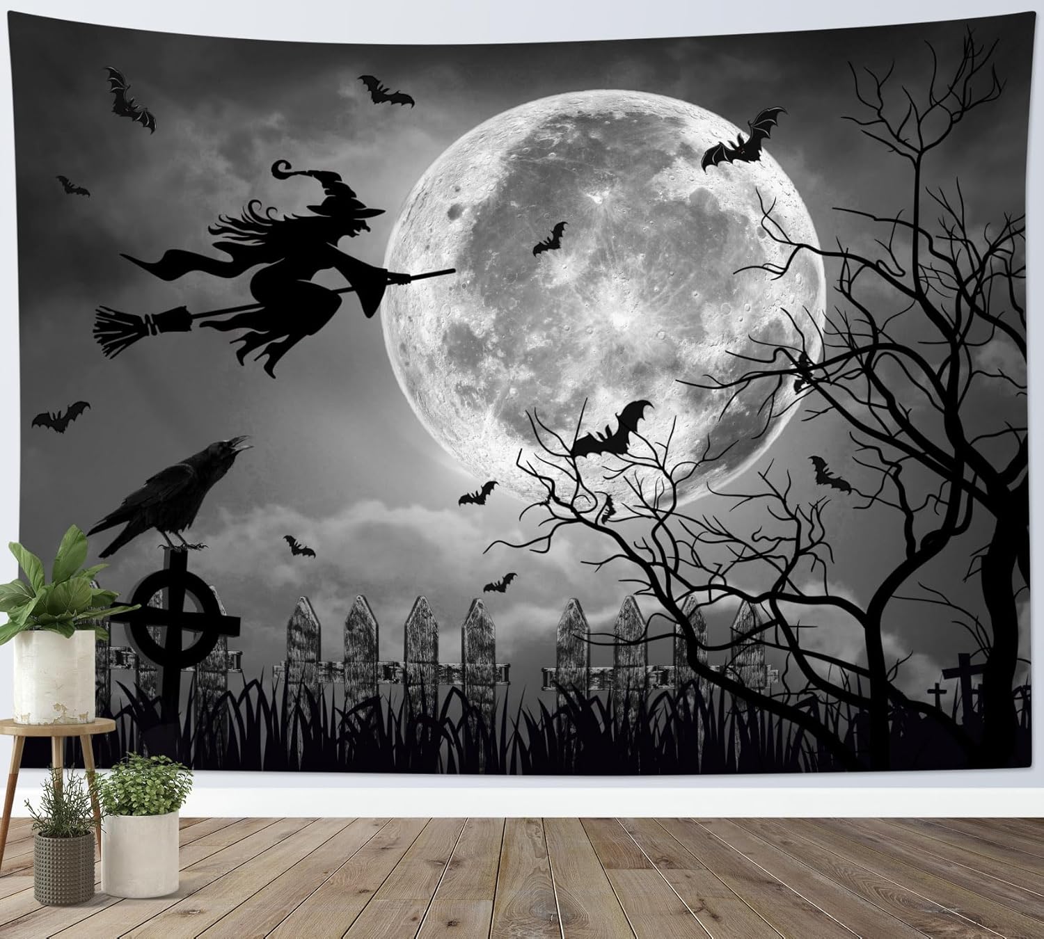 MEUNEAR Halloween Tapestry Scary Full Moon Night Witch and Black Crow Bat Tapestry Wall Hanging Spooky Grey Dead Tree Forest Wal 180x320cm