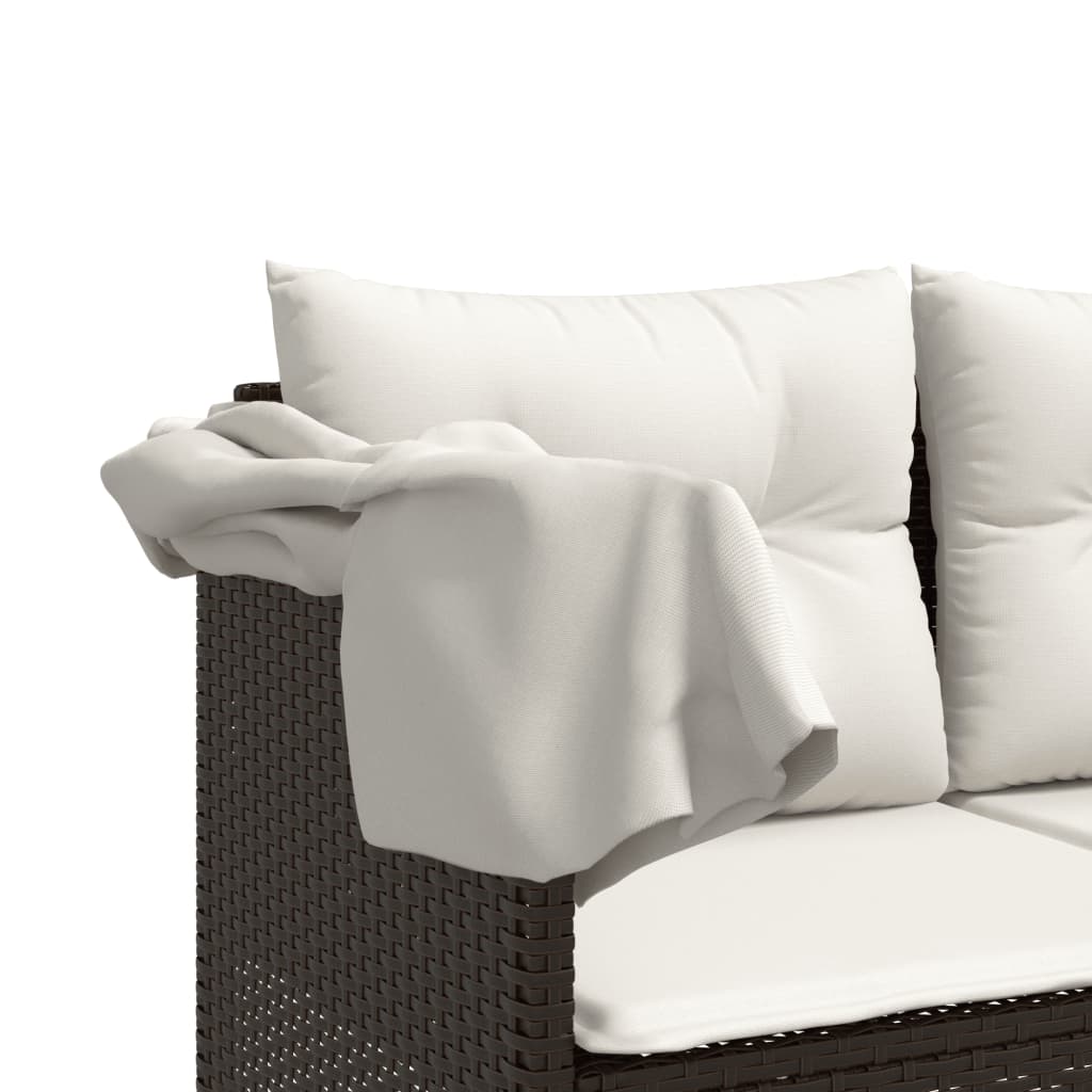 Sun Lounger with Canopy and Cushions Brown PE Rattan