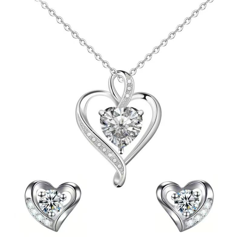 Love At First Sight Heart Zirconia Necklace & Earring Set - Versatile Heart Pendant Clavicle Chain