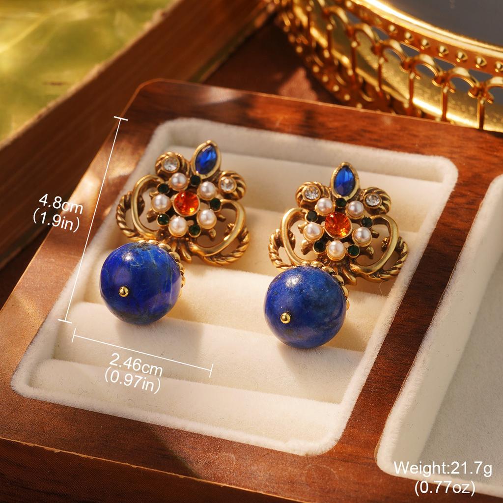 Medieval vintage Russian gold earrings turquoise temperament retro niche silver needle French stud earrings tiger eye ears
