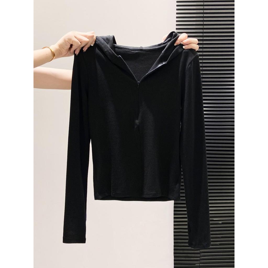 Women's Petite Slim Fit Hooded Half-Zip Long-Sleeve T-Shirt - Ideal Base Layer for Spring, Autumn, Winter