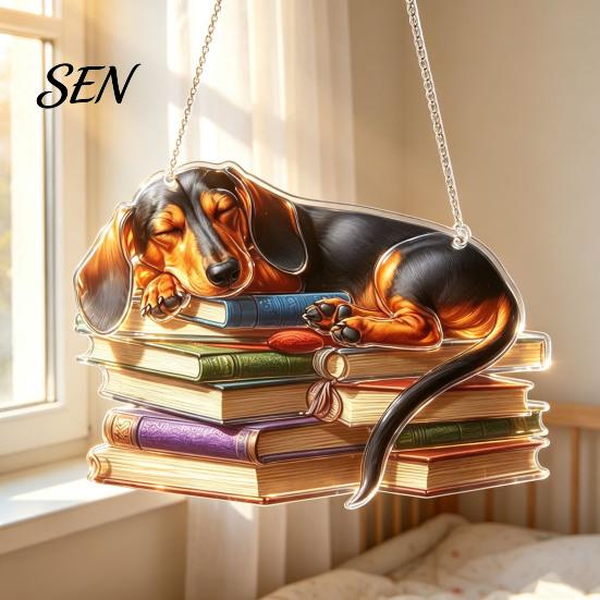 Dachshund Lover Gift Idea Hanging Ornament, Acrylic Window Sun Catcher, Cute Car Ornament Dog Decoration for Home Room Decor, Front Porch Accessory