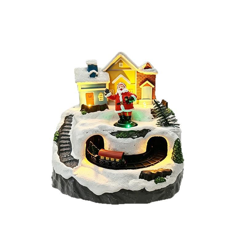 Luminous Christmas Snow Scene Train Ornament with Rotating Cabin Music Box