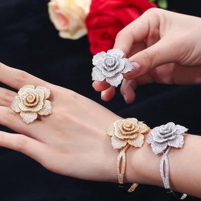 Ki0077 Creative Rose Flower Bracelet Ring Two-Piece Set Full Of Zircon Jewelry