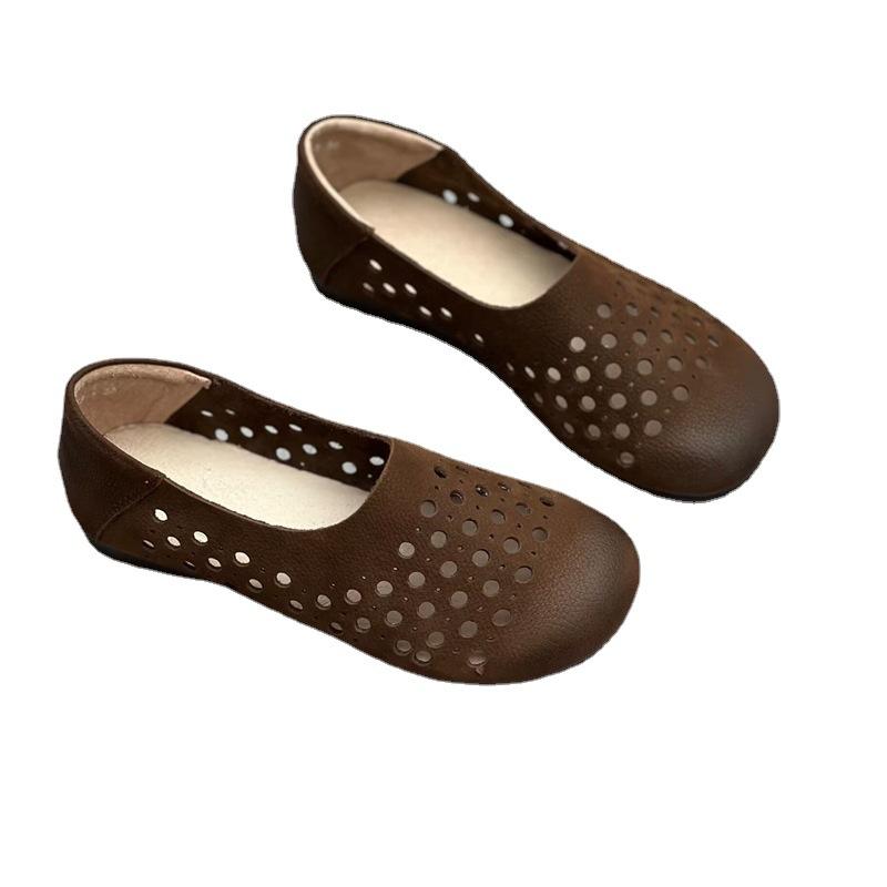 Summer Hollowed-out Genuine Leather Women's Sandals Artistic Handcrafted Round-toe Cowhide Soft-soled Perforated Single Shoes