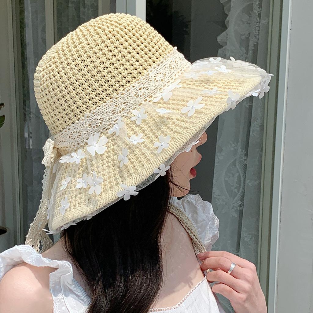 Lace flower straw hat women's summer sunshade sunscreen hat seaside beach sun hat big brim showing face small bucket hat