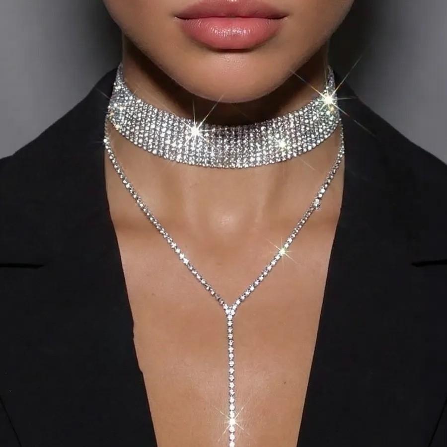 Personalized Internet Celebrity Style Multi-Layer Rhinestone Necklace, Earrings, Necklace Set, Fringed Shiny High-End Items