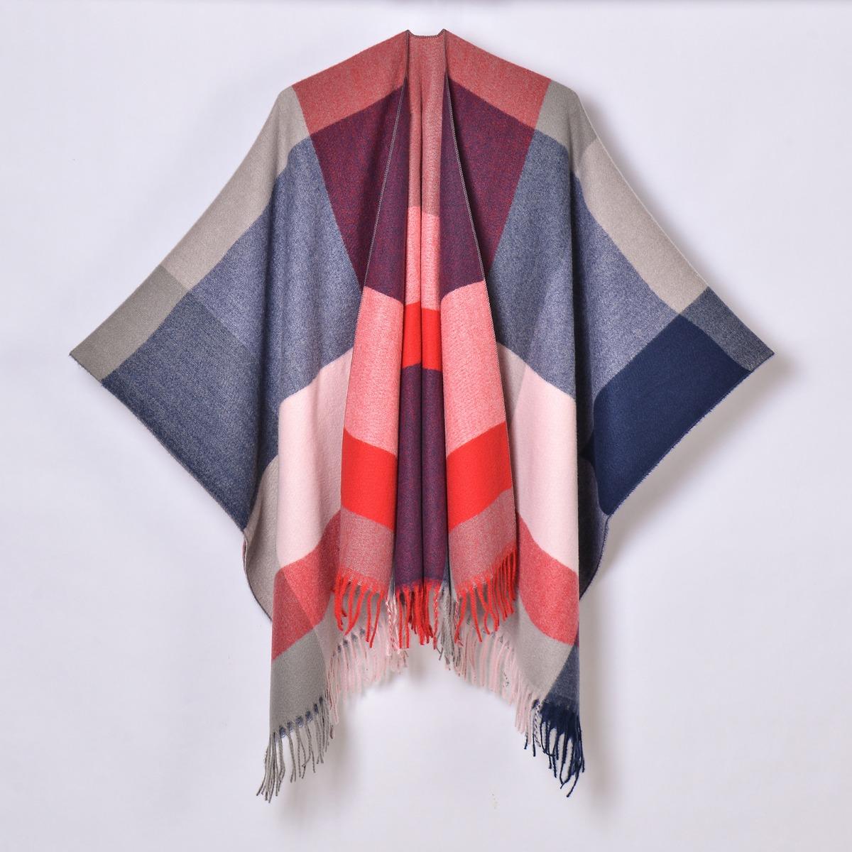 Quasten Schal mit Schlitz, Herbst und Winter Damen Einfacher Karierter Jacquard Schal, Cape 130x150cm beige