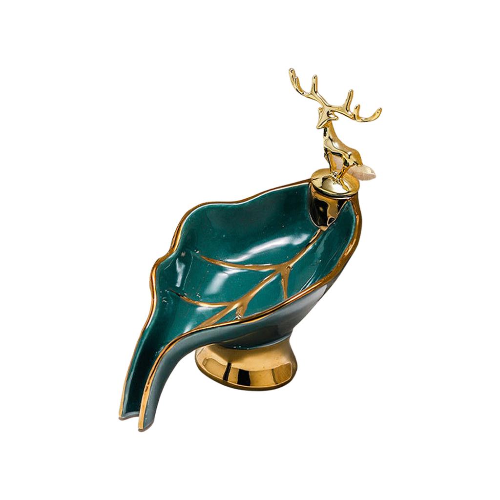 Soap Box Ceramic Household Soap Dish Green Leaves Soap Box with Gold Deer