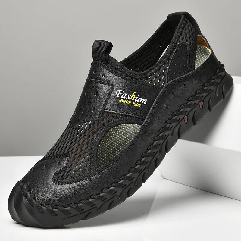 Fashion Men Genuine Leather Shoes Men's Sandals Durable Handmade Stitching Close Toe Non Slip Shoes For Indoor Outdoor Beach 2025