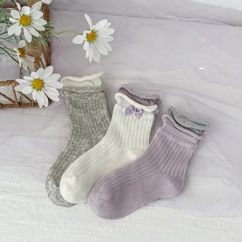 3 Pairs/set Cute Fashion New Korean Girls Socks Summer Thin Mid-Crew Lace Mesh Breathable Seamless Ankle Socks with Bow Trim